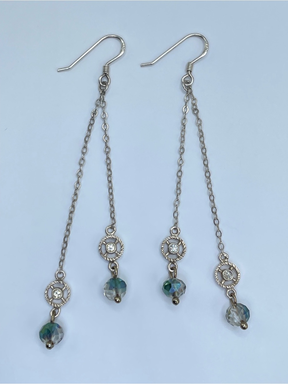 925 Sterling Silver Crystal Glass Double Chain Dangle Earrings Artisan Boho